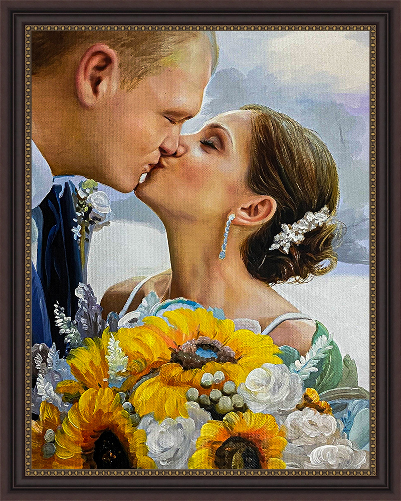Acrylic painting of a bride and groom kissing while she holds a bouquet of sunflowers